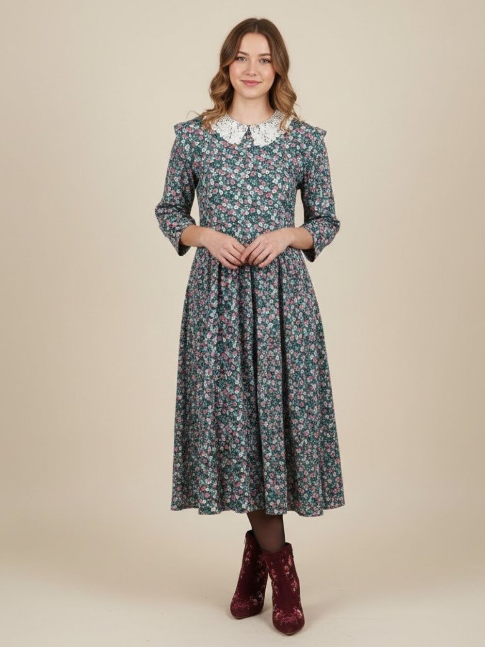 Vintage Jane Schaffhausen Floral Midi Dress Cottagecore 80s 90s